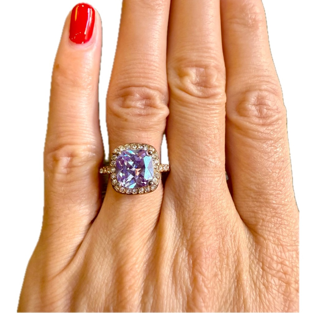 Vintage NRQ Purple Amethyst Cushion Cut Halo Gemstone Ring